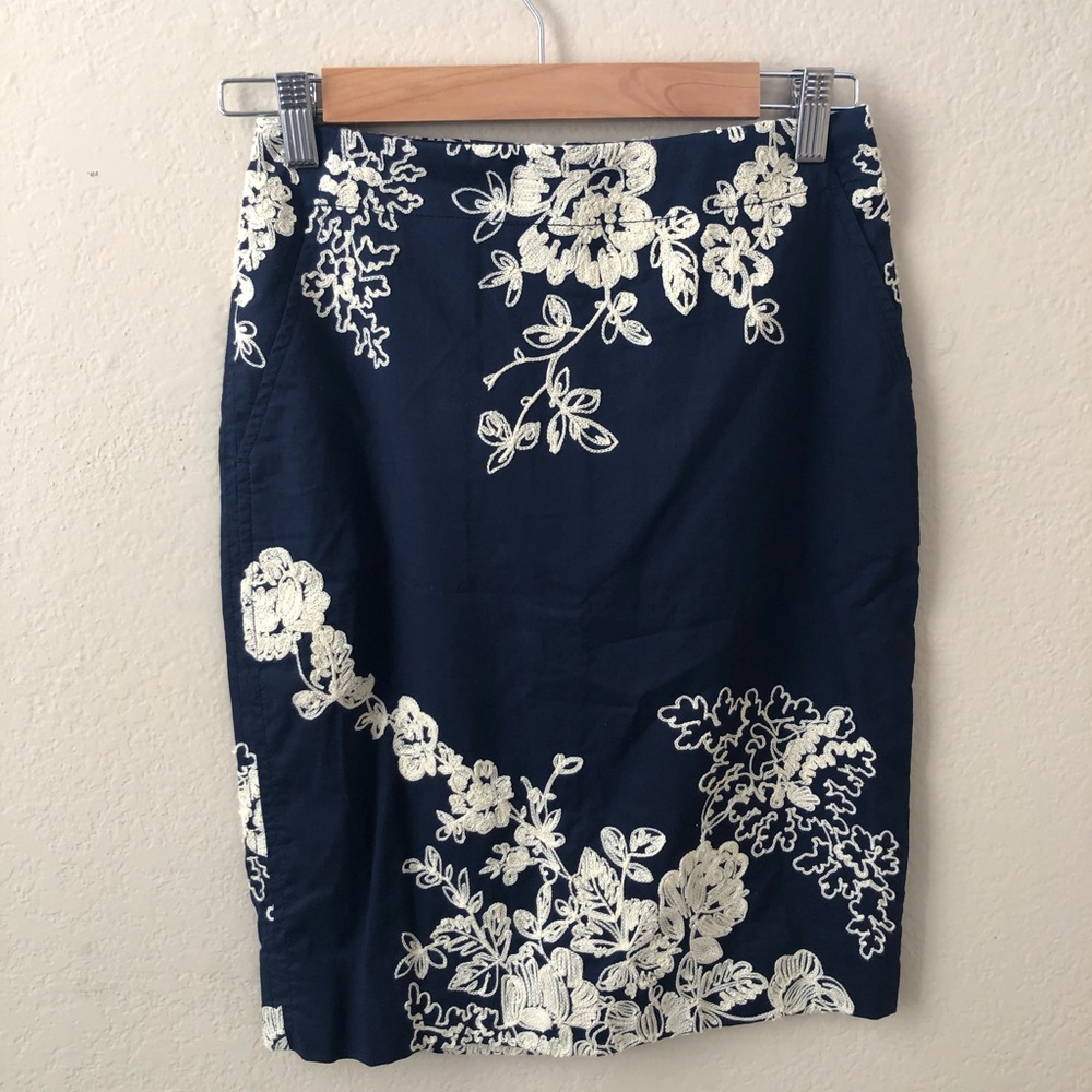 J. Crew Navy Embroidered Pencil Skirt